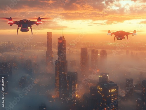 A dramatic cityscape with AGIpowered drones glowing in the sky, golden hour tones