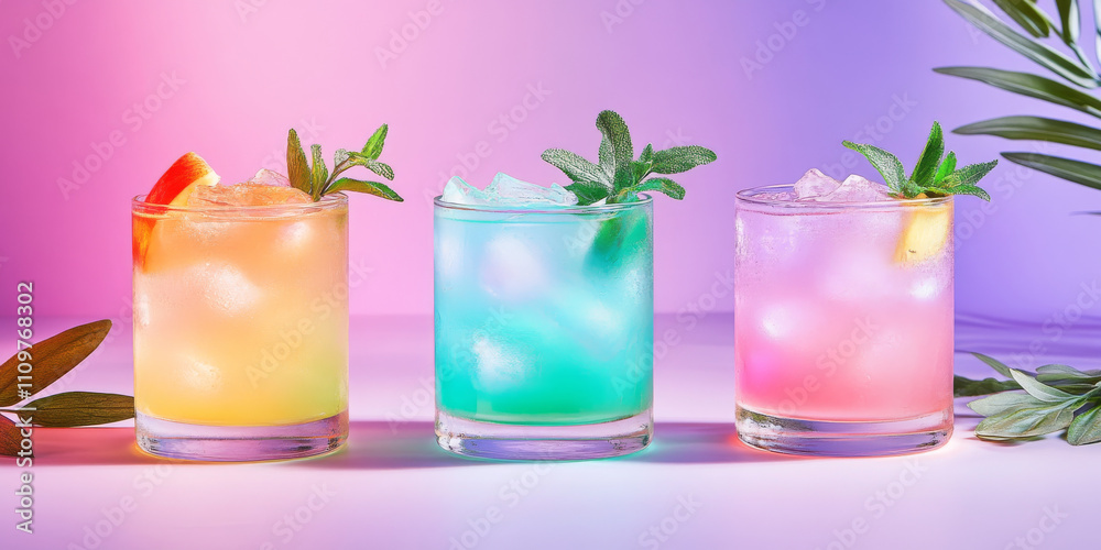 Colorful cocktails with ice and garnishes on vibrant background. Colorful cocktails with ice and garnishes on vibrant background.