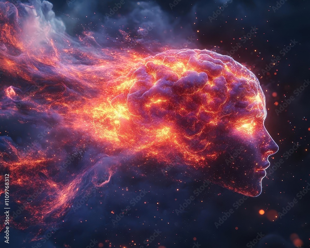 A dramatic visualization of AGI as a glowing brain interacting with the universe, soft cinematic hues A dramatic visualization of AGI as a glowing brain interacting with the universe, soft cinematic hues