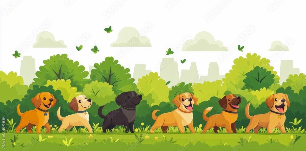 Fototapeta premium A group of dogs strolls joyfully through a vibrant park filled with green trees and a bright city skyline in the background under clear skies