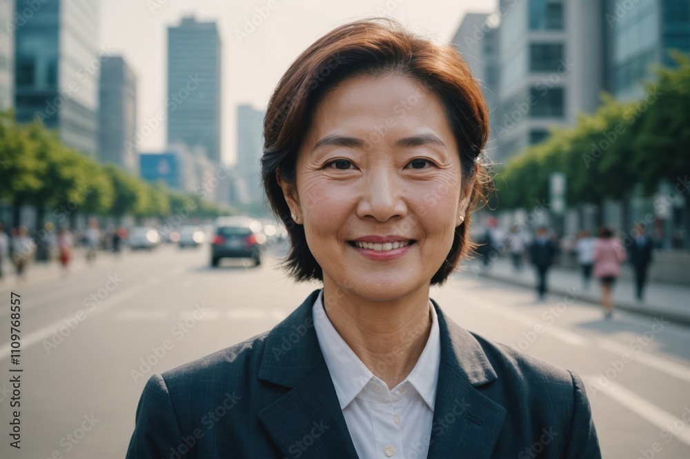Close portrait of a smiling senior Korean businesswoman looking at the camera, Korean big city outdoors blurred background Close portrait of a smiling senior Korean businesswoman looking at the camera, Korean big city outdoors blurred background