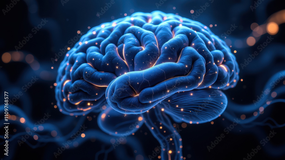 Fototapeta premium An illustrated depiction of a human brain with glowing lines representing neural connections against a dark blue backdrop, symbolizing artificial intelligence or advanced cognition.