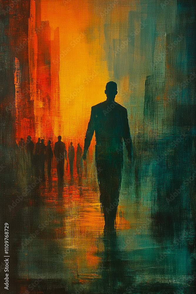 Silhouetted figures stroll through an urban landscape illuminated by warm colors, capturing the essence of a vibrant city during twilight Silhouetted figures stroll through an urban landscape illuminated by warm colors, capturing the essence of a vibrant city during twilight