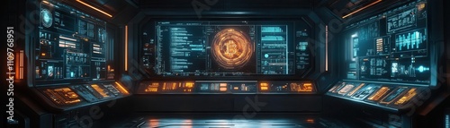 A futuristic decentralized finance interface glowing on a holographic display, filminspired lighting photo