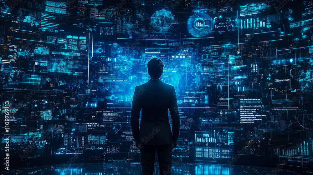 A person stands in front of multiple holographic screens displaying intricate data visualizations in a dimly lit, ultra-modern workspace A person stands in front of multiple holographic screens displaying intricate data visualizations in a dimly lit, ultra-modern workspace