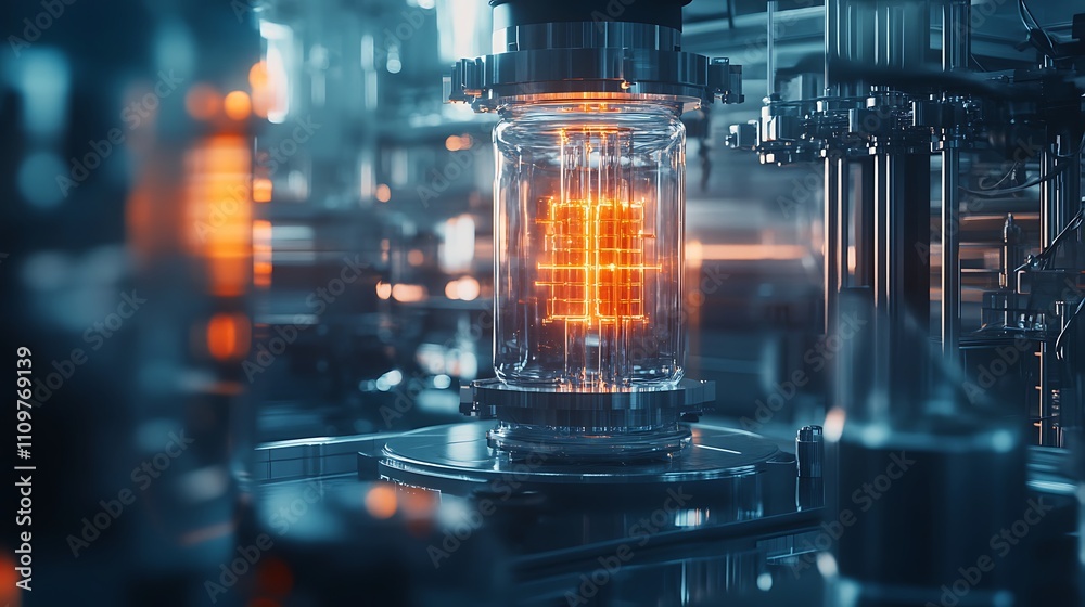 Glowing orange grid inside glass tube in industrial setting. Glowing orange grid inside glass tube in industrial setting.