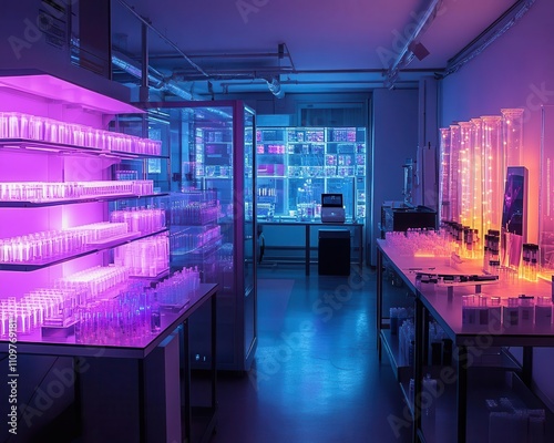 A futuristic display of nanostructured coatings glowing softly under lab lights, dramatic filminspired lighting photo