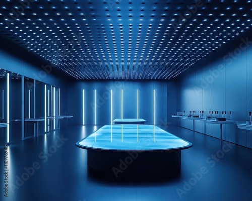 A futuristic display of nanostructured coatings glowing softly under lab lights, dramatic filminspired lighting photo