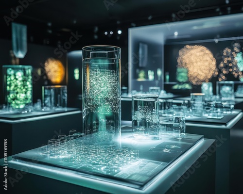 A futuristic display of nanostructured coatings glowing softly under lab lights, dramatic filminspired lighting photo