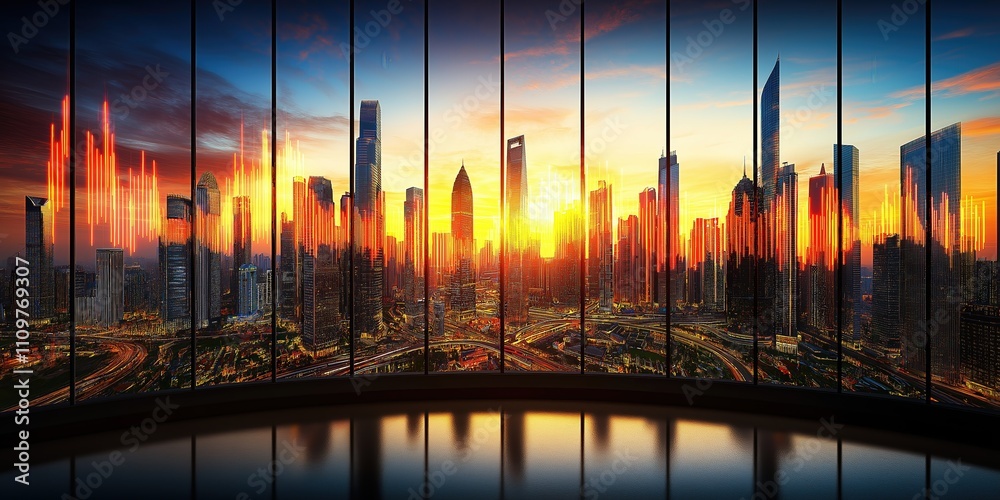 Obraz premium City skyline is shown with the sun setting in the background