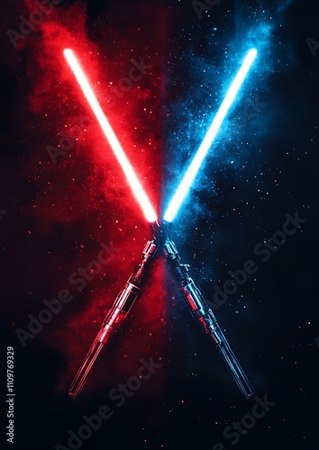 Red and Blue Lightsaber Battle in Space. Concept of Conflict, Power, and Fantasy.
