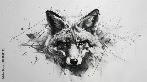 Abstract grayscale fox portrait with geometric lines. photo