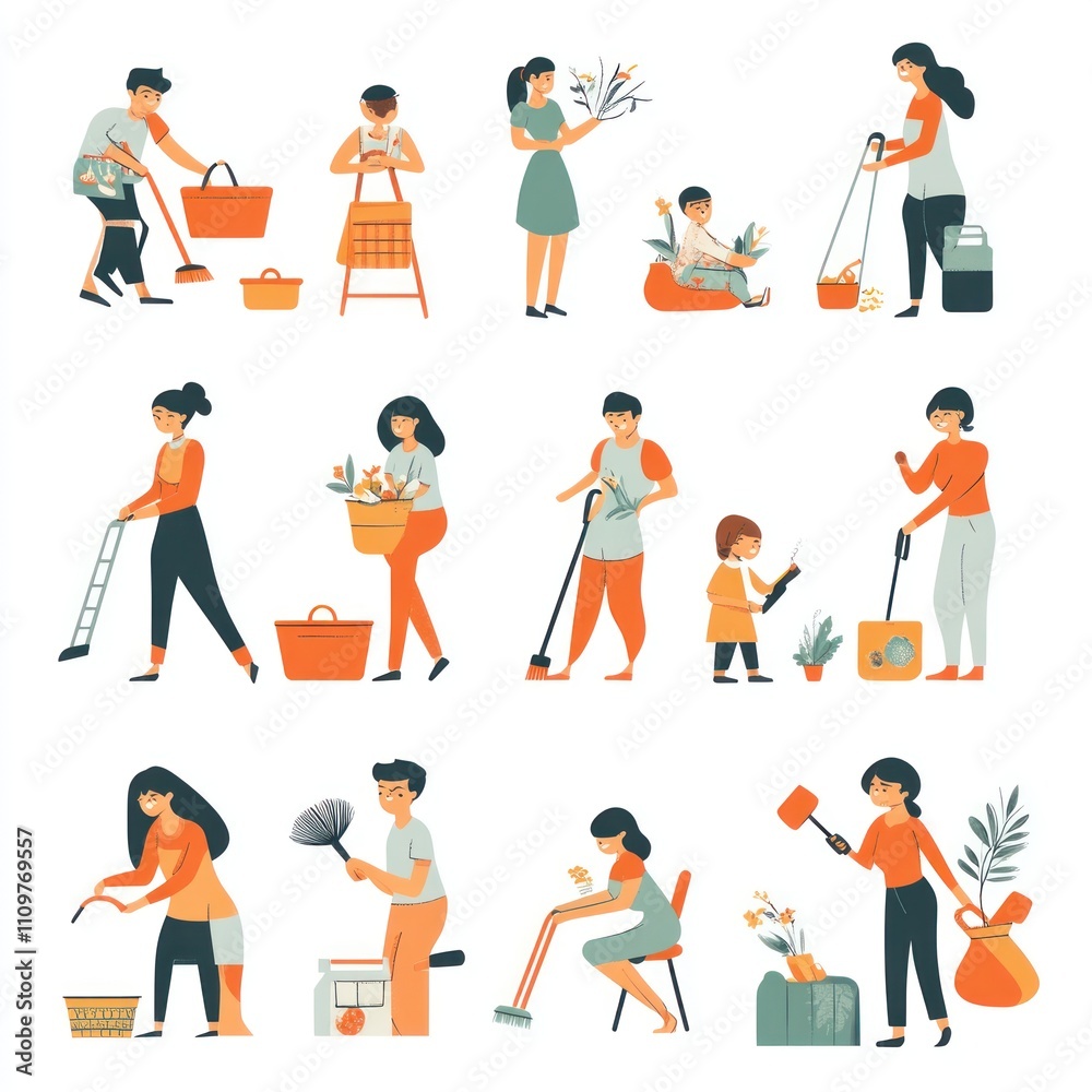 Naklejka premium Diverse people spring cleaning home, chores, housework.