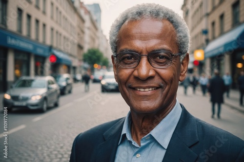 Close portrait of a smiling senior Lesothan businessman looking at the camera, Lesothan big city outdoors blurred background