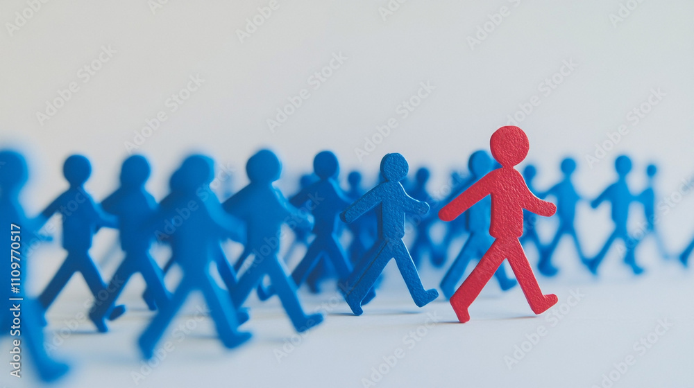 Unique Leader Red Figure Leads Blue Crowd Teamwork Individuality Concept Unique Leader Red Figure Leads Blue Crowd Teamwork Individuality Concept