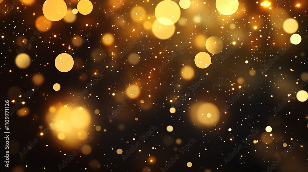 A dark abstract gold background with bokeh lights for a festive night celebration, ideal for Christmas themes.