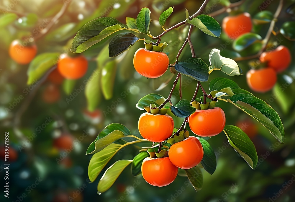 Luscious persimmons bathed in sunlight, ready for picking Luscious persimmons bathed in sunlight, ready for picking