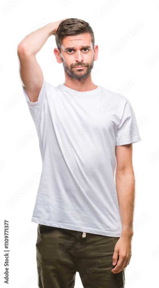 Young handsome man over isolated background confuse and wonder about question. Uncertain with doubt, thinking with hand on head. Pensive concept. Young handsome man over isolated background confuse and wonder about question. Uncertain with doubt, thinking with hand on head. Pensive concept.