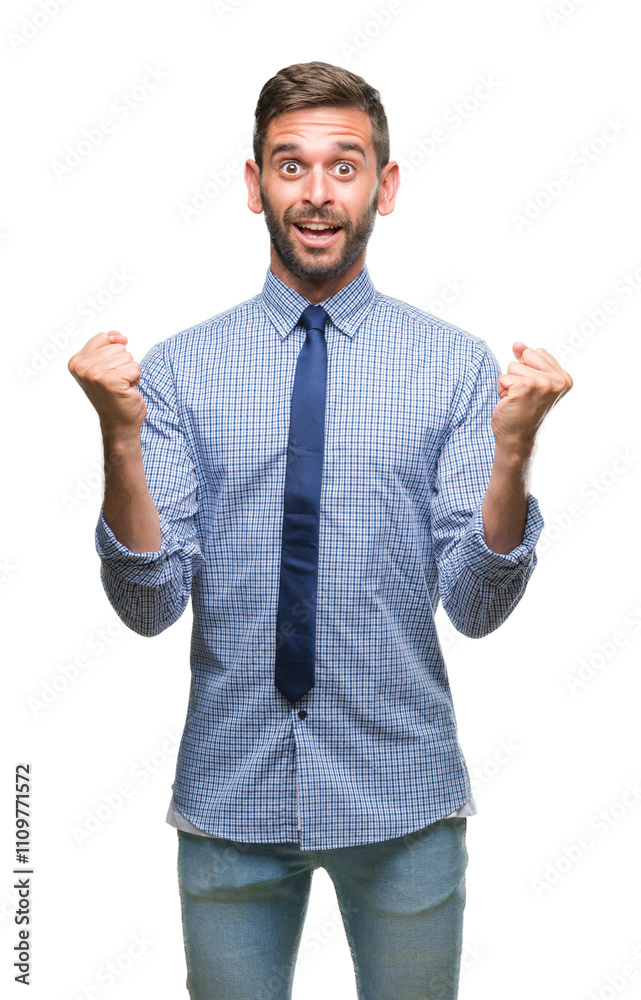 Young handsome business man over isolated background celebrating surprised and amazed for success with arms raised and open eyes. Winner concept. Young handsome business man over isolated background celebrating surprised and amazed for success with arms raised and open eyes. Winner concept.