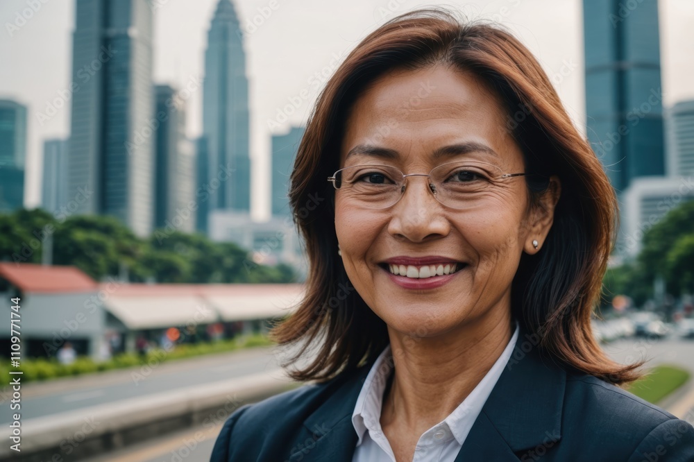 Fototapeta premium Close portrait of a smiling senior Malaysian businesswoman looking at the camera, Malaysian big city outdoors blurred background