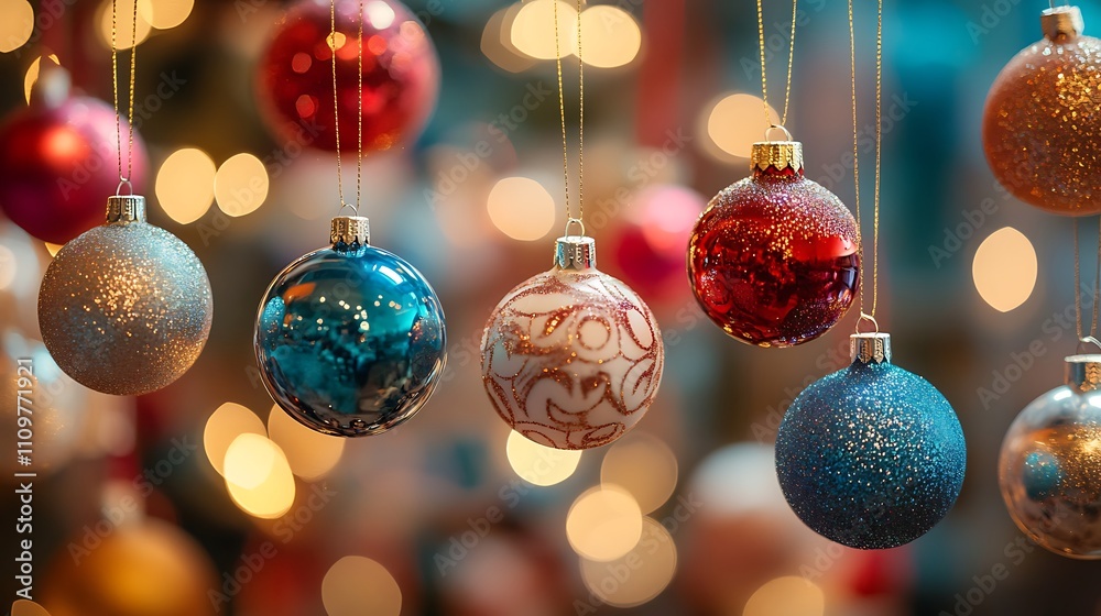 A bunch of Christmas ornaments hanging from strings, adding a vibrant and festive touch. A bunch of Christmas ornaments hanging from strings, adding a vibrant and festive touch.