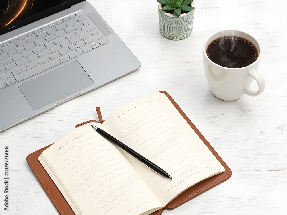 A stylish workspace featuring a sleek laptop A stylish workspace featuring a sleek laptop