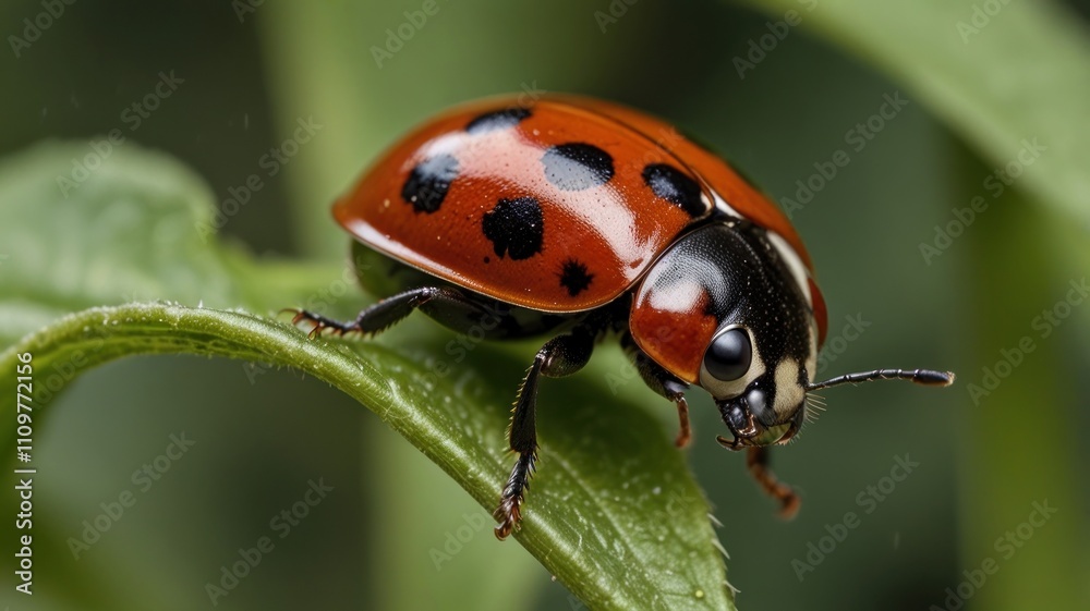 Close-up of a ladybug on a green leaf. Close-up of a ladybug on a green leaf.