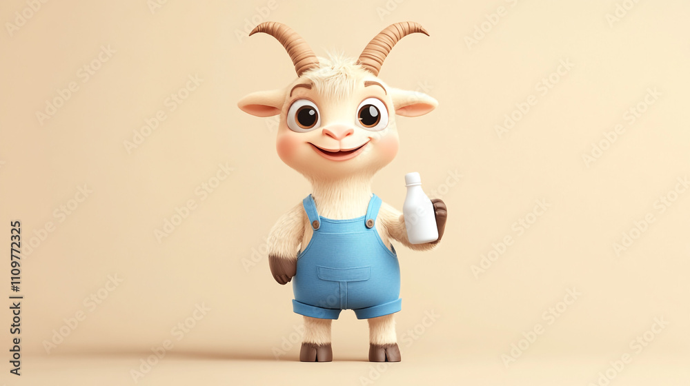 Cute Cartoon Goat Holding Milk Bottle Farm Animal 3D Render Cute Cartoon Goat Holding Milk Bottle Farm Animal 3D Render