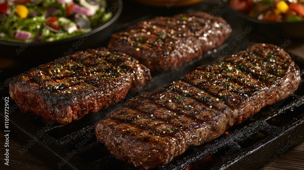 Grilled steaks on a platter with sides, showcasing a delicious meal. Grilled steaks on a platter with sides, showcasing a delicious meal.