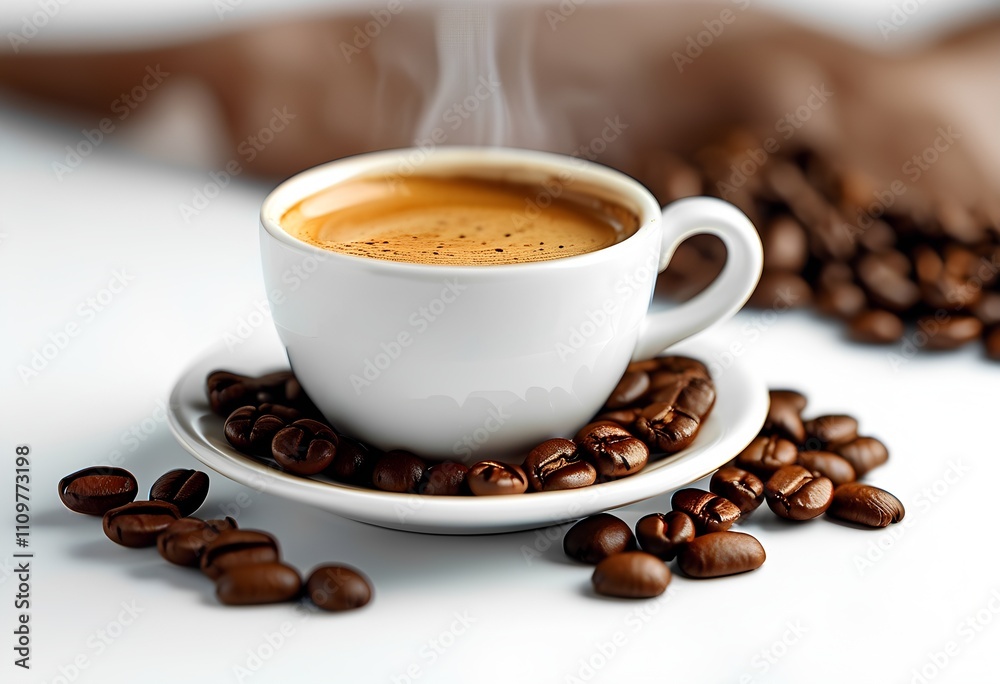 A steaming cup of coffee surrounded by roasted beans A steaming cup of coffee surrounded by roasted beans