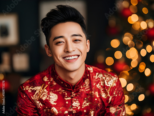 Happy smiling asian boy wearing beautiful traditional red dress on bokeh background. Men celebrates Chinese New Year. Design for festival posters, greeting cards and banner Travel and tourism.