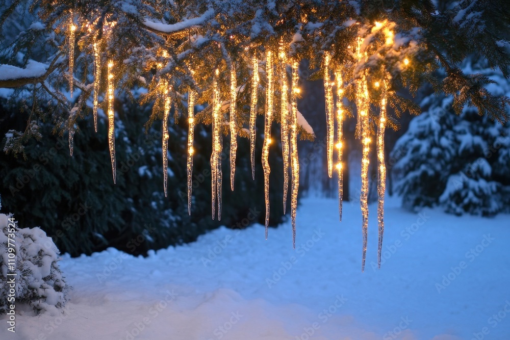 Obraz premium Glowing icicle decorations hanging from a snow-covered evergreen branch, illuminated warmly against a serene winter backdrop