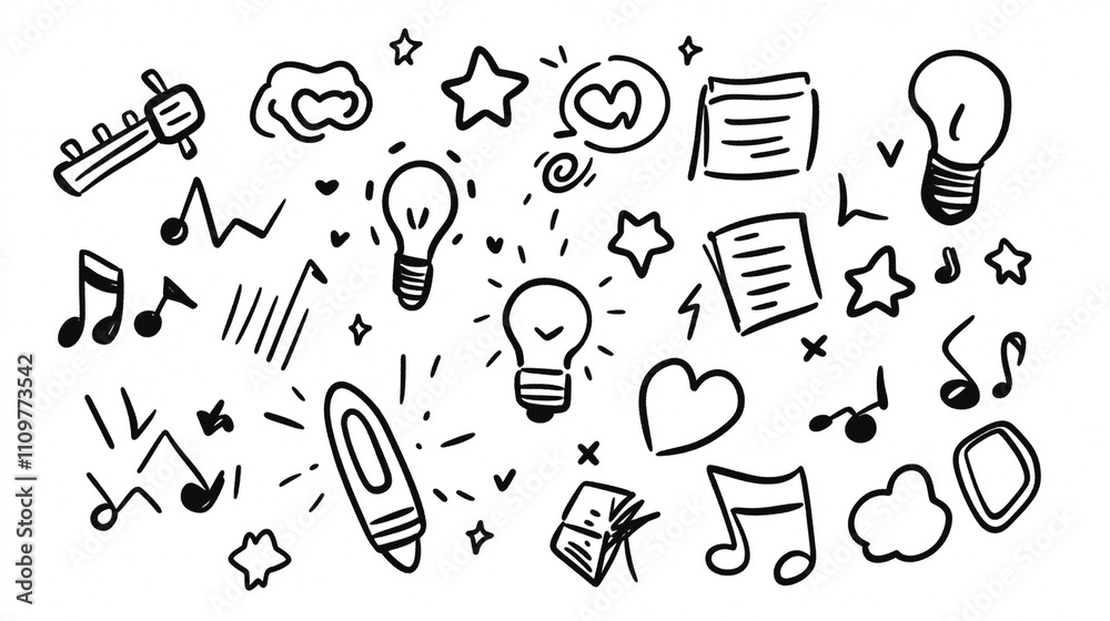Creative Doodle Hand Drawn Ideas  Music  Lightbulb  Notes  Heart  Stars