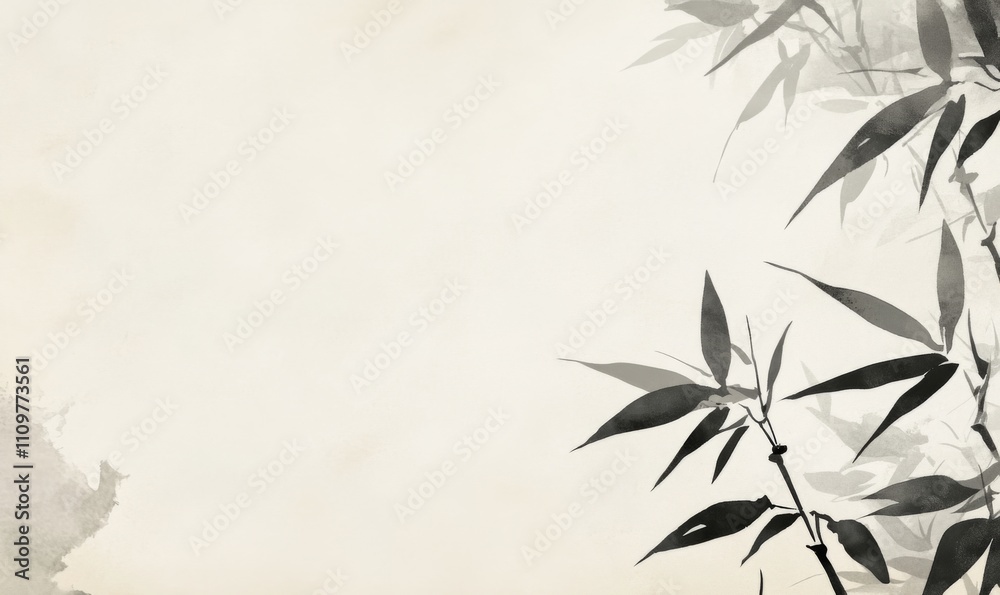 Minimalist Chinese ink painting of bamboo leaves in the lower right corner on a light beige background, featuring a light gray and dark gold color scheme. Minimalist Chinese ink painting of bamboo leaves in the lower right corner on a light beige background, featuring a light gray and dark gold color scheme.