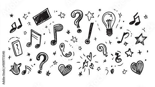 Doodle Background  Music Notes  Questions  Hearts  Stars  Lightbulb