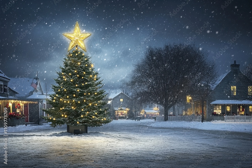 Fototapeta premium Glistening Christmas tree topped with a glowing star, standing in the center of a snow-covered village square during a quiet winter night
