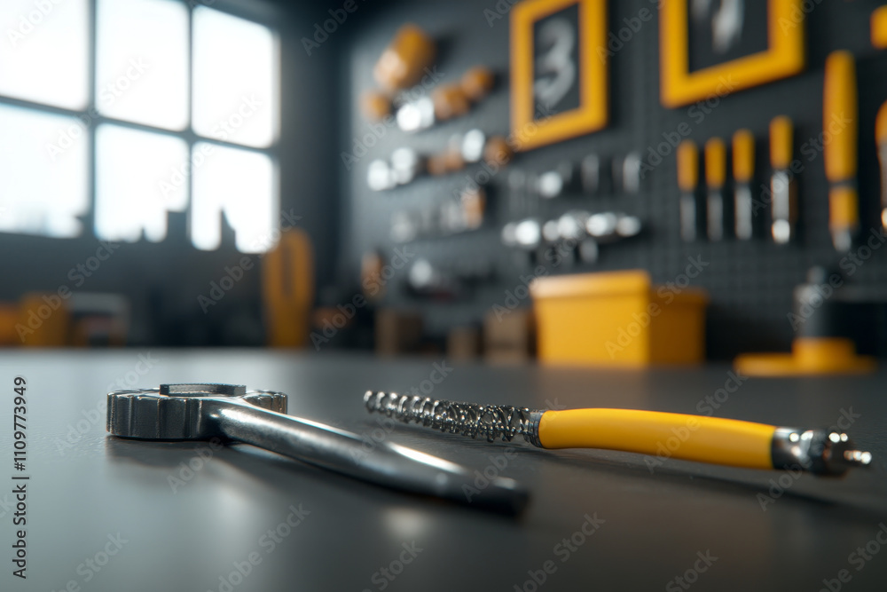 Close up of tools on workbench in modern workshop.