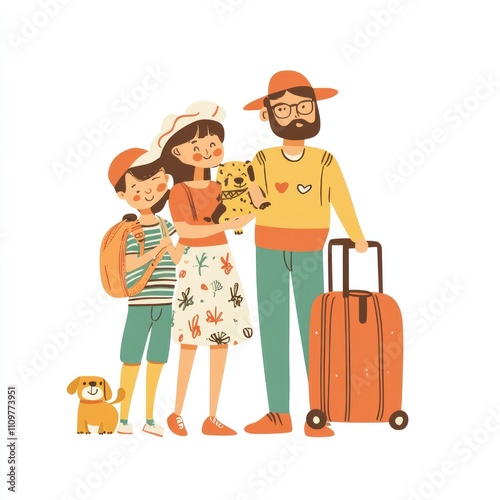 Happy family ready for travel with luggage and pets.