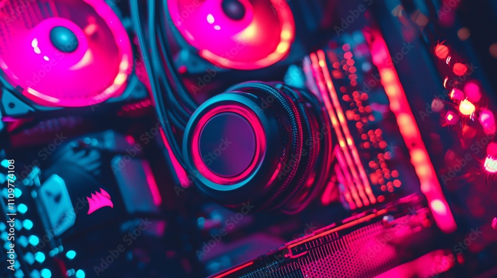Fototapeta premium Close-up of PC components, headphones, and RGB lighting. Vivid neon colors illuminate computer hardware.