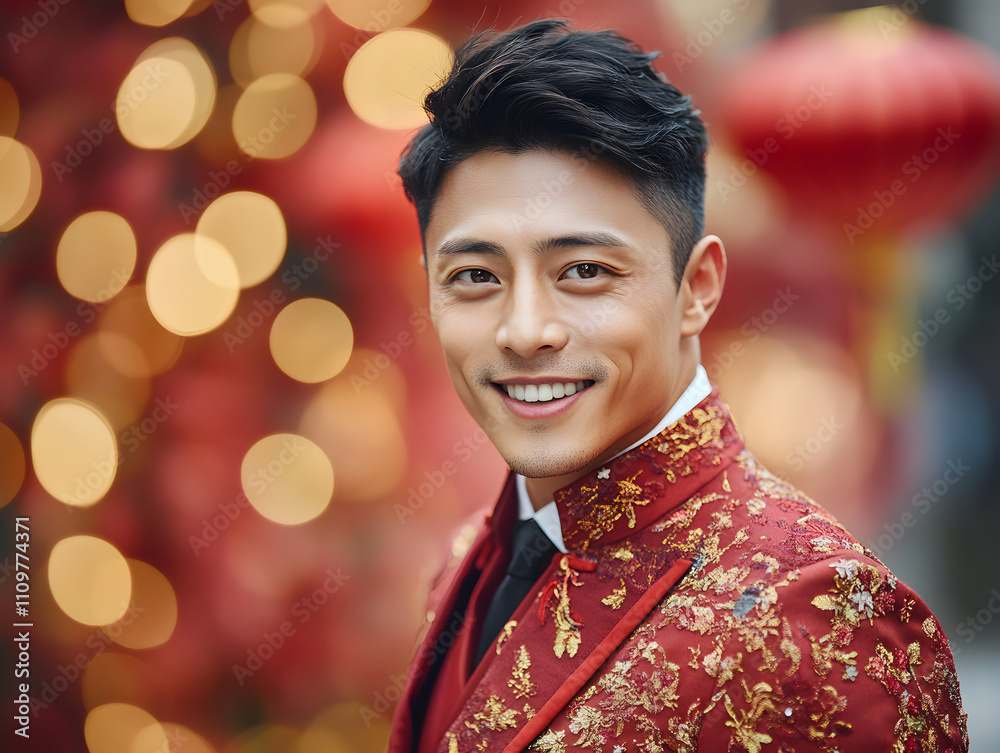 Happy smiling asian boy wearing beautiful traditional red dress on bokeh background. Men celebrates Chinese New Year. Design for festival posters, greeting cards and banner Travel and tourism. Happy smiling asian boy wearing beautiful traditional red dress on bokeh background. Men celebrates Chinese New Year. Design for festival posters, greeting cards and banner Travel and tourism.