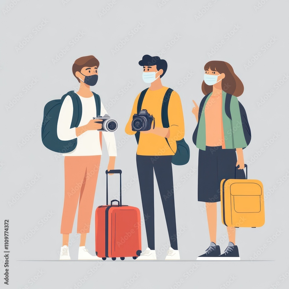 Masked tourists with luggage and cameras. Masked tourists with luggage and cameras.