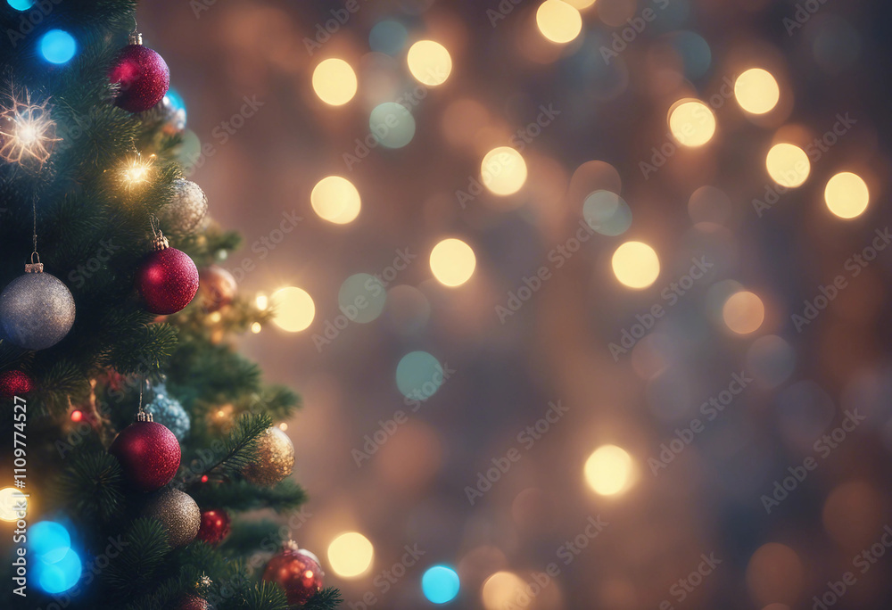 Illuminated Christmas tree decorated with glass balls and garlands Picture style image Illustration Illuminated Christmas tree decorated with glass balls and garlands Picture style image Illustration