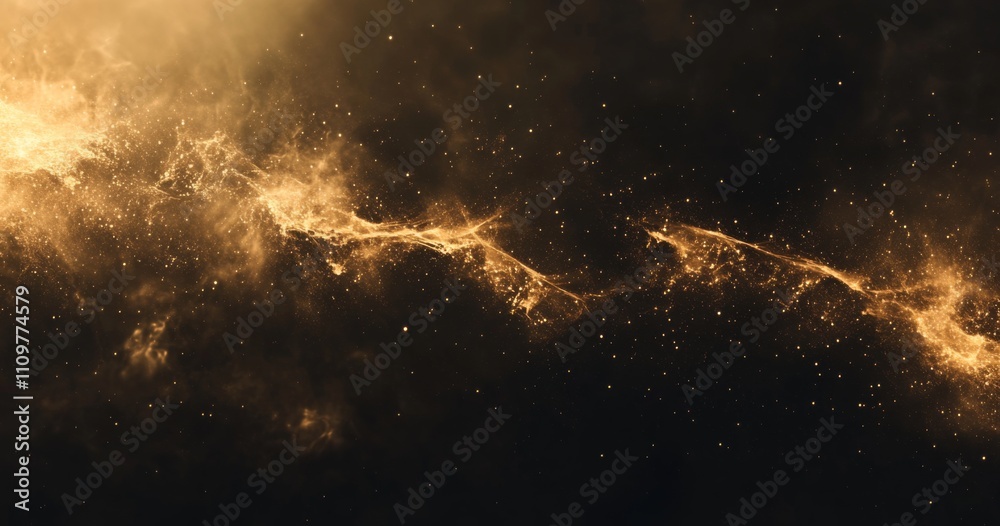 Long trail of golden dust swirling gracefully in the air against a black background, creating an elegant and mysterious atmosphere Long trail of golden dust swirling gracefully in the air against a black background, creating an elegant and mysterious atmosphere