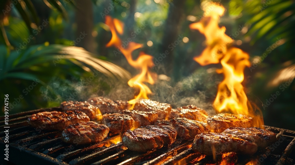 Grilled steaks sizzling on a barbecue with flames and smoke in a lush outdoor setting. Grilled steaks sizzling on a barbecue with flames and smoke in a lush outdoor setting.