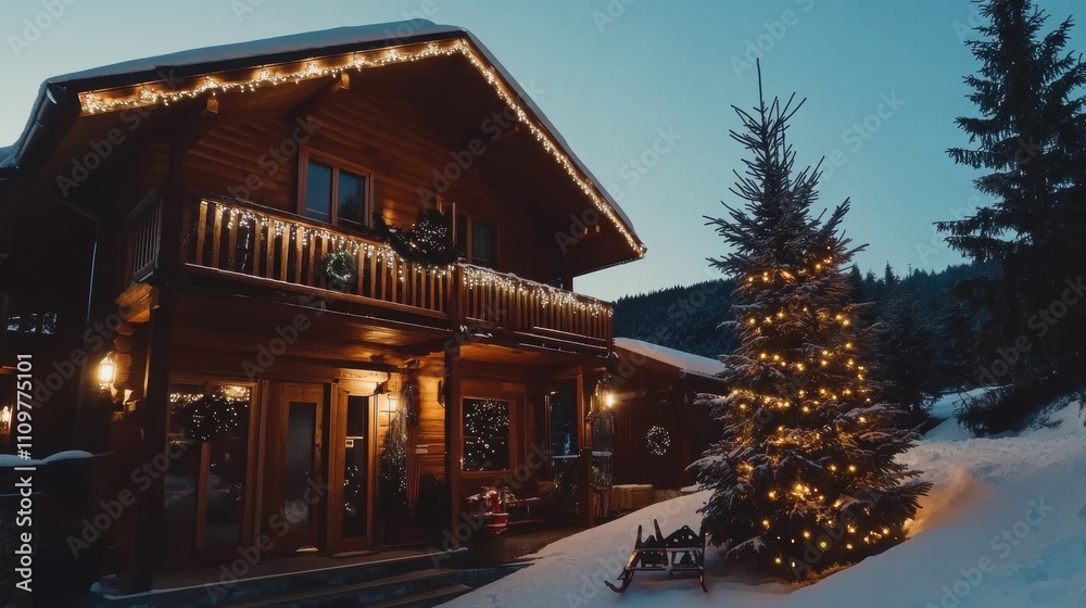 Cozy wooden lodge in Kopaonik, Serbia, surrounded by snow-covered pine trees, adorned with warm Christmas lights on the balcony and a glowing Christmas tree in the yard, complete with a sled Cozy wooden lodge in Kopaonik, Serbia, surrounded by snow-covered pine trees, adorned with warm Christmas lights on the balcony and a glowing Christmas tree in the yard, complete with a sled