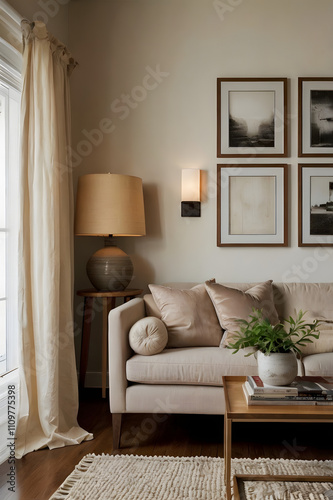 Cozy Contemporary Living Room with Vertical Poster Frame Beige Sectional Sofa Round Wooden Coffee Table and Soft Lighting