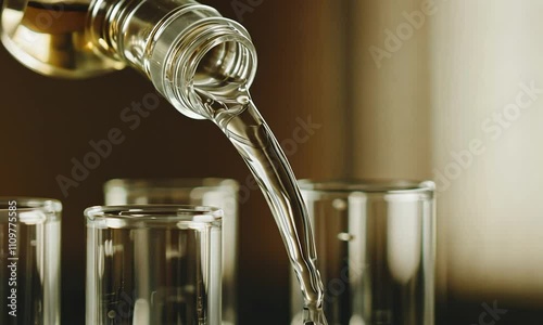 Glass Laboratory Equipment with Liquid Being Poured from Bottle