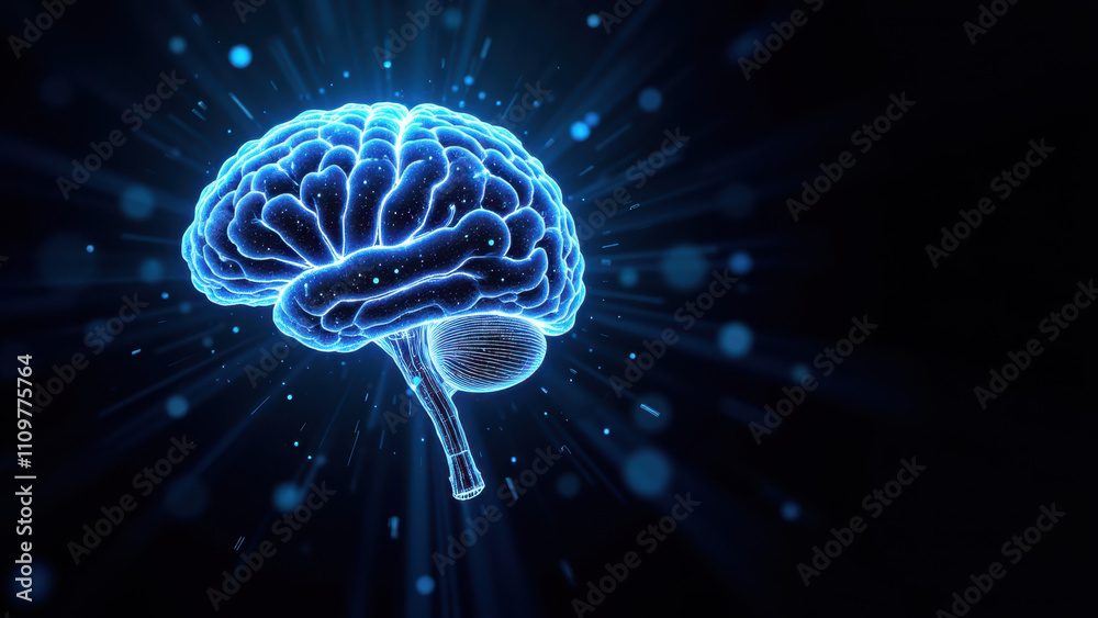 Fototapeta premium A graphic illustration of a human brain with blue hues, set against a star-filled sky, symbolizing artificial general intelligence (AGI).