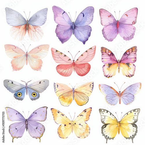 A collection of variously colored butterflies resting on a white background