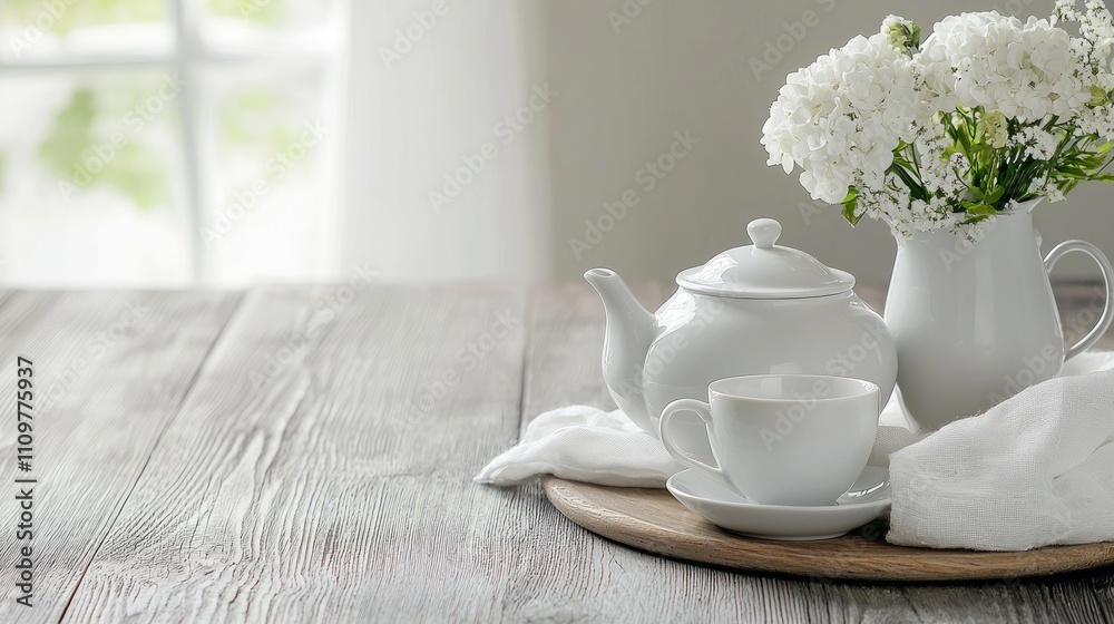 Serene Morning Tea Setting with White Porcelain and Flowers Serene Morning Tea Setting with White Porcelain and Flowers